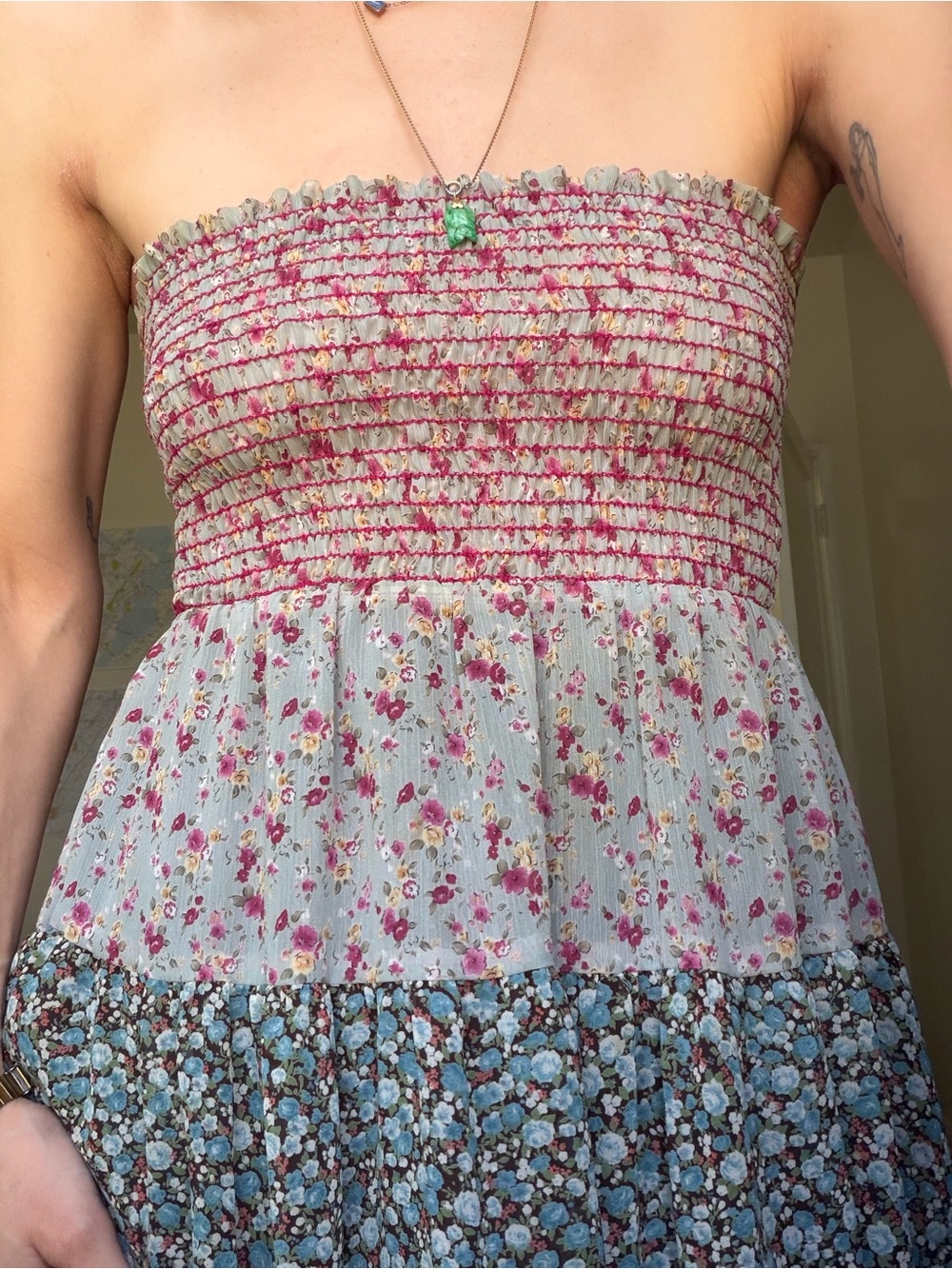 Vintage Strapless Floral Smocked Sun Dress in Pink, Blue and Cream